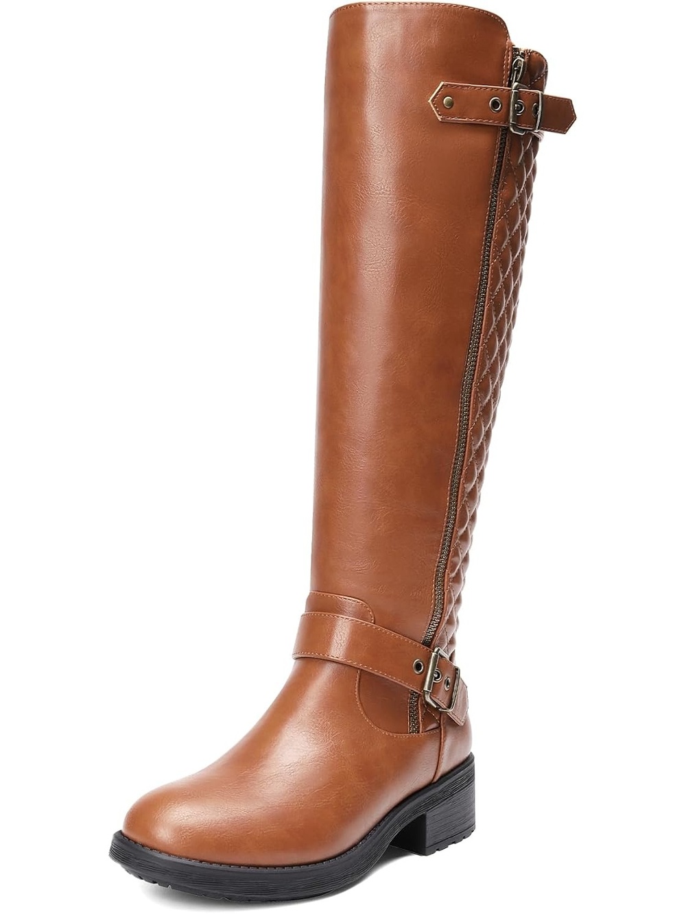 Women's Light Brown Chunky Block Heel Round Toe Side Zipper Knee High Boots
